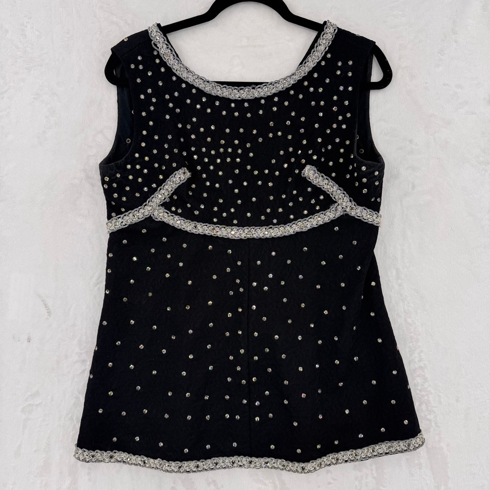 Handmade Vintage 70s Tank Top Black with Rhinestone Studs Silver Lace Trim M-L